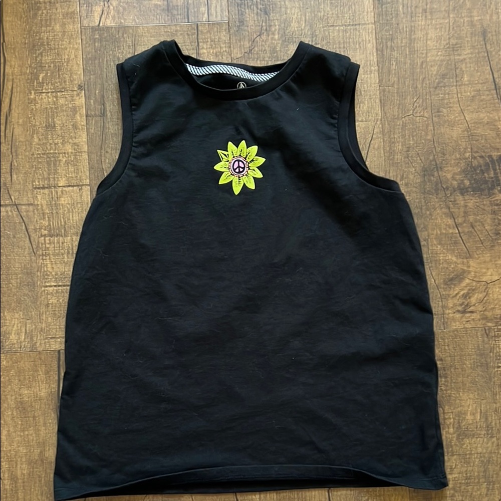 Volcom Black and Yellow Tank Top with Sunflower Design